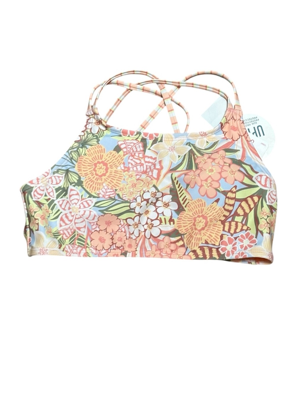 Roxy Girls Floral Cross-Back Swim Top - Coral, Yellow, Mint, Size 12 Girls‎ NWT